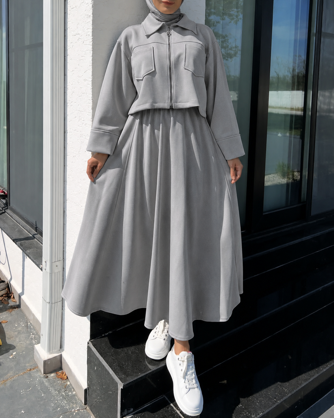 2 Pcs Long Maxi Winter Outfit With Upper Fleece Jacket