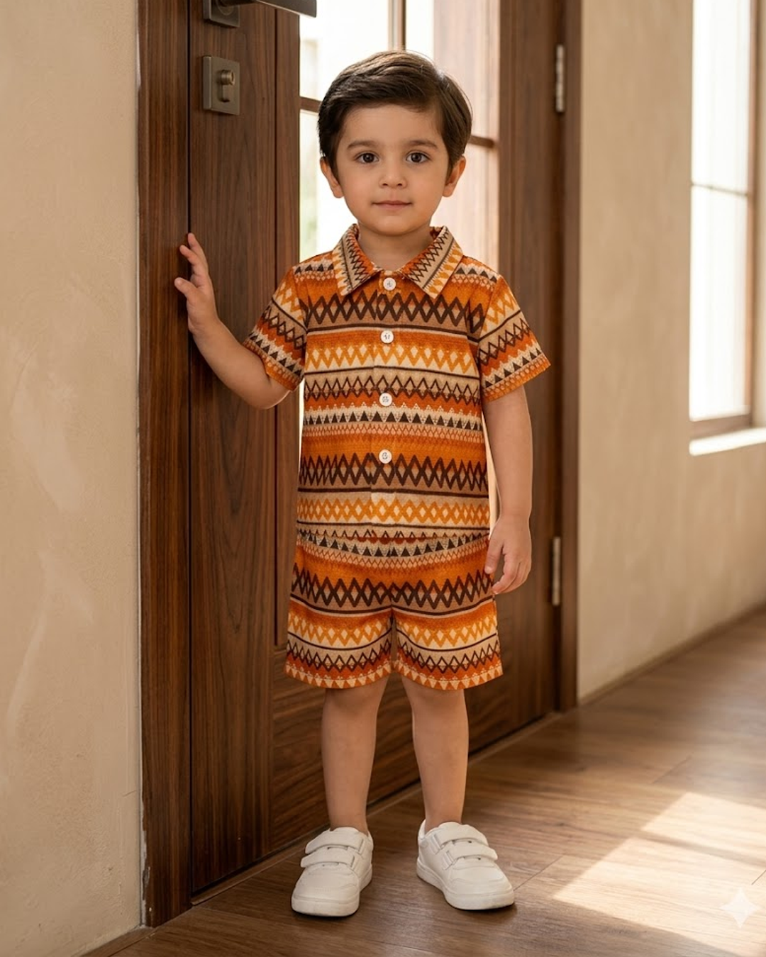 2pcs Set of Bohemian Geometric Pattern Stand Collar Button- Shirt and Elastic Waist Shorts for Boys