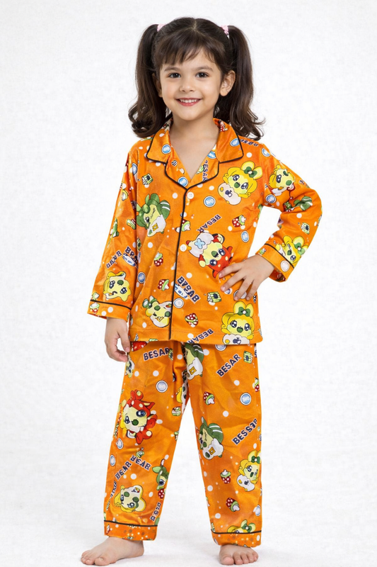 Girls Orange Cartoon Print Night Suit 2-Piece Pajama Set
