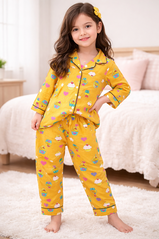 Girls Yellow Cupcake Print Night Suit Set
