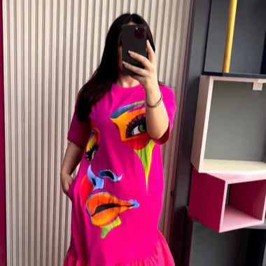 Long Loose Printed Frill Top Tee