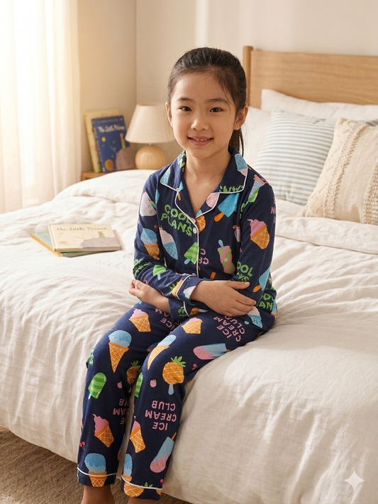 Kids Girls Navy Blue Ice Cream Print Night Suit