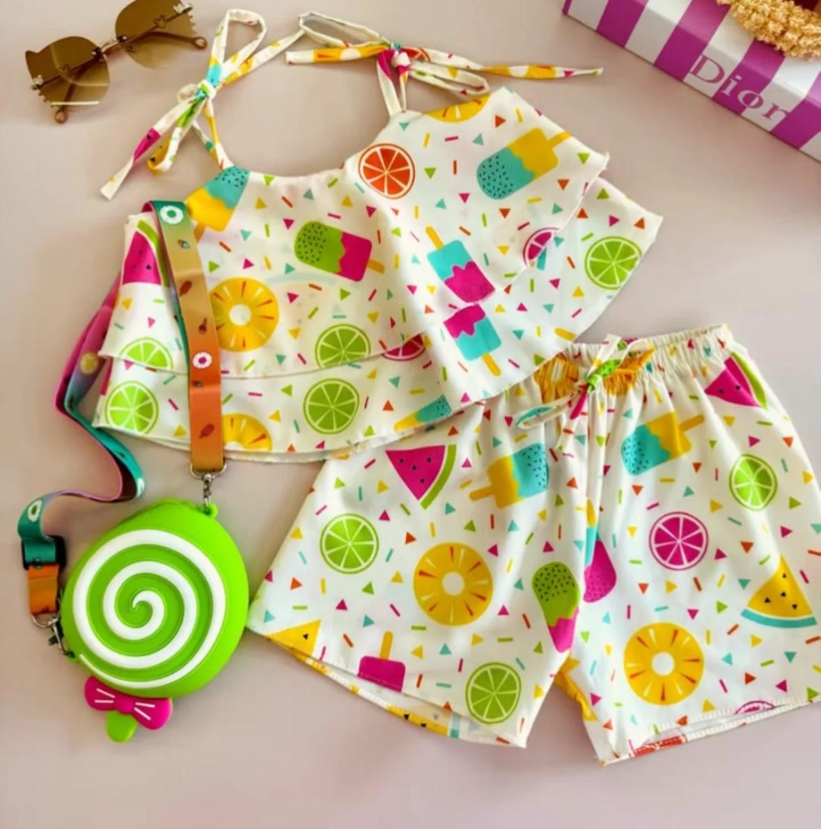 2 pcs Baby Girl Fruity Freeze Fun Top & Short Set