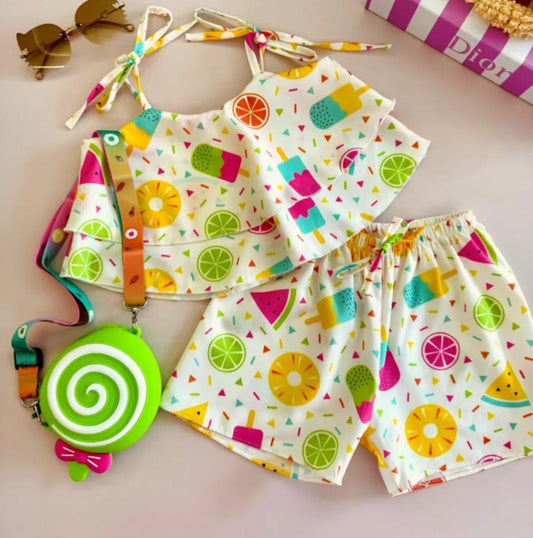 2 pcs Baby Girl Fruity Freeze Fun Top & Short Set