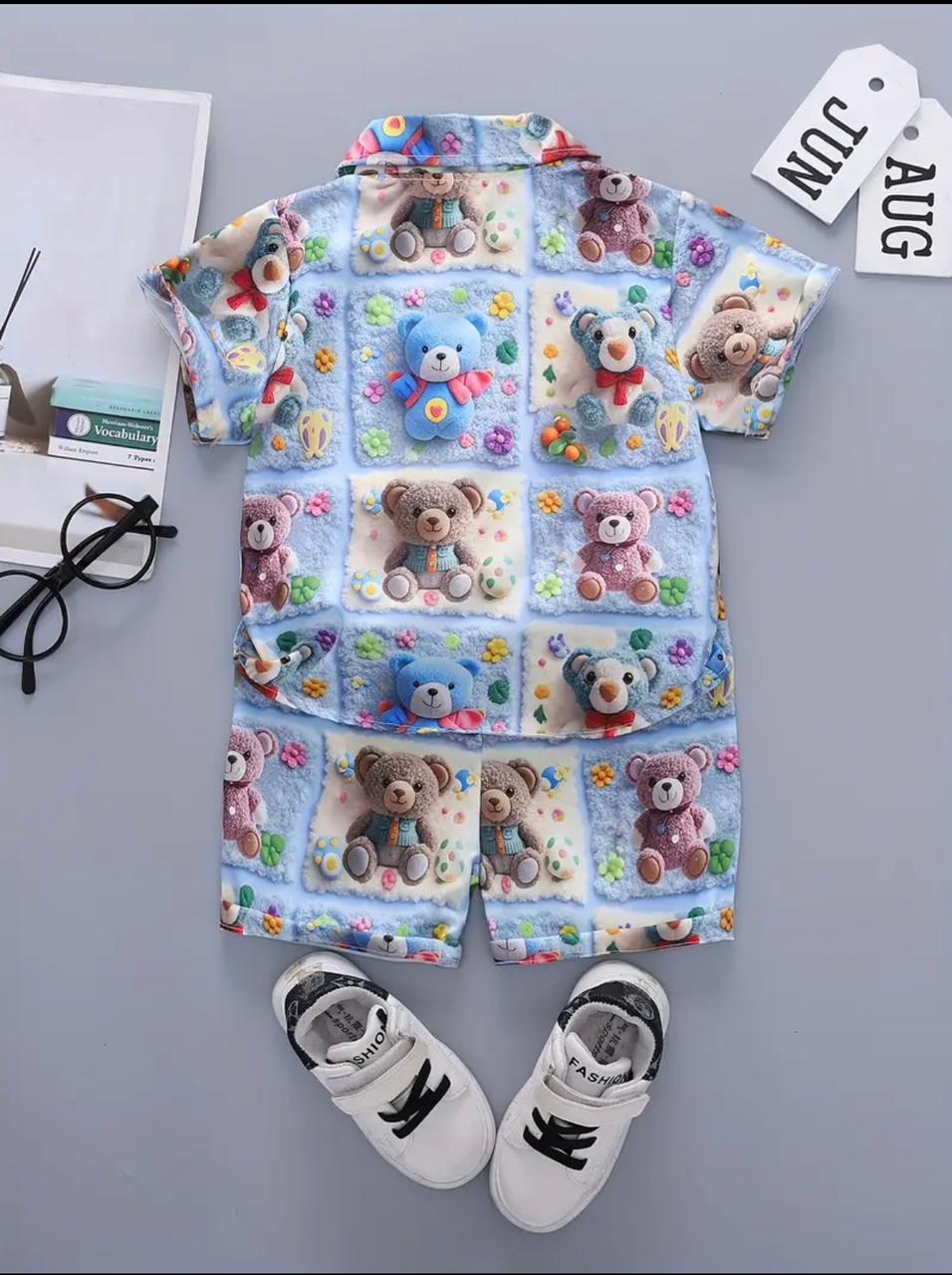 2PCS BABY BOYS BEAR 3D PRINT SHIRT & ELASTIC WAIST SHORTS SET