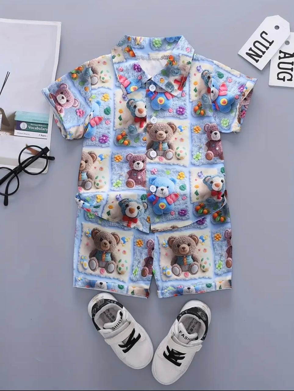 2PCS BABY BOYS BEAR 3D PRINT SHIRT & ELASTIC WAIST SHORTS SET