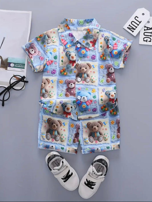 2PCS BABY BOYS BEAR 3D PRINT SHIRT & ELASTIC WAIST SHORTS SET
