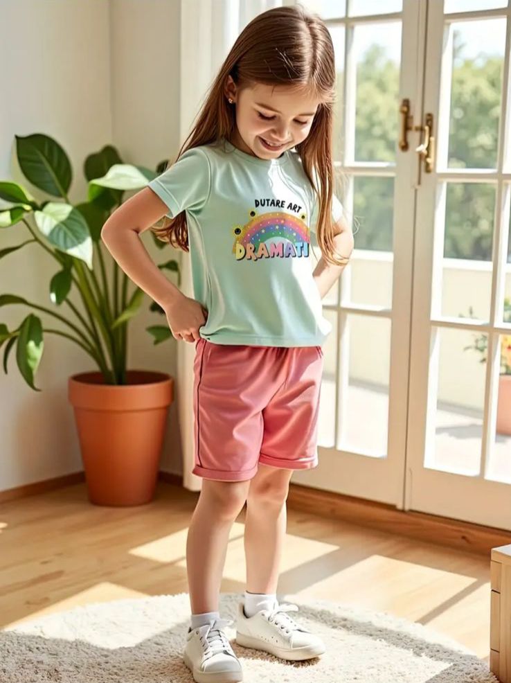 2pcs set of cartoon rainbow fun letter print top + pure color elastic waist shorts