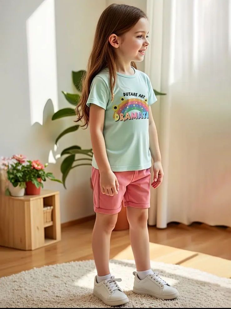 2pcs set of cartoon rainbow fun letter print top + pure color elastic waist shorts
