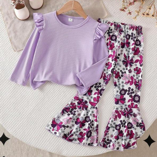 2pcs/Set Long Sleeve Top And Fashionable Digital Print Flare Pants