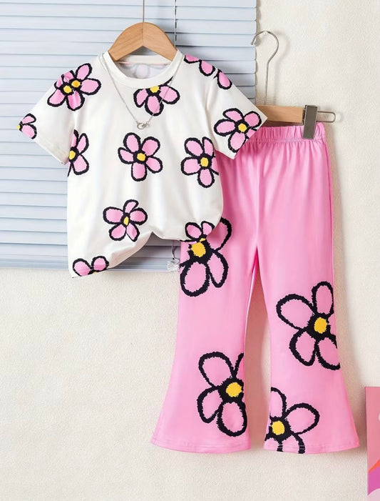 Floral Round-Neck Top And Elastic Waist Flared Trouser