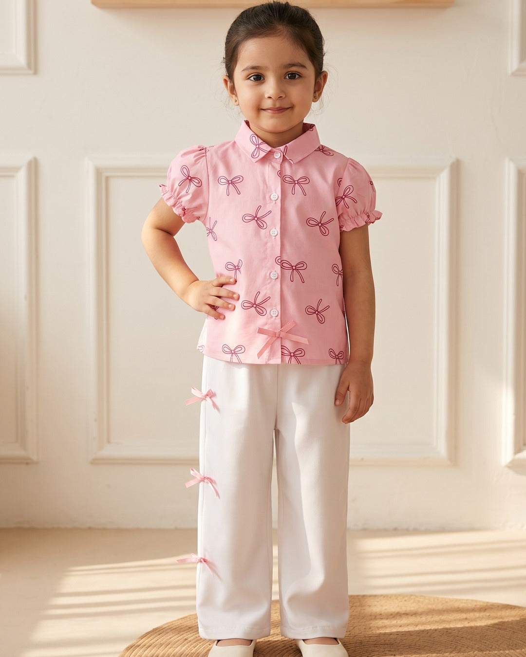 2pcs Set for Girls Bow Print Puff Sleeve Lapel Shirt + Side Bow Solid White Wide-Leg Pants