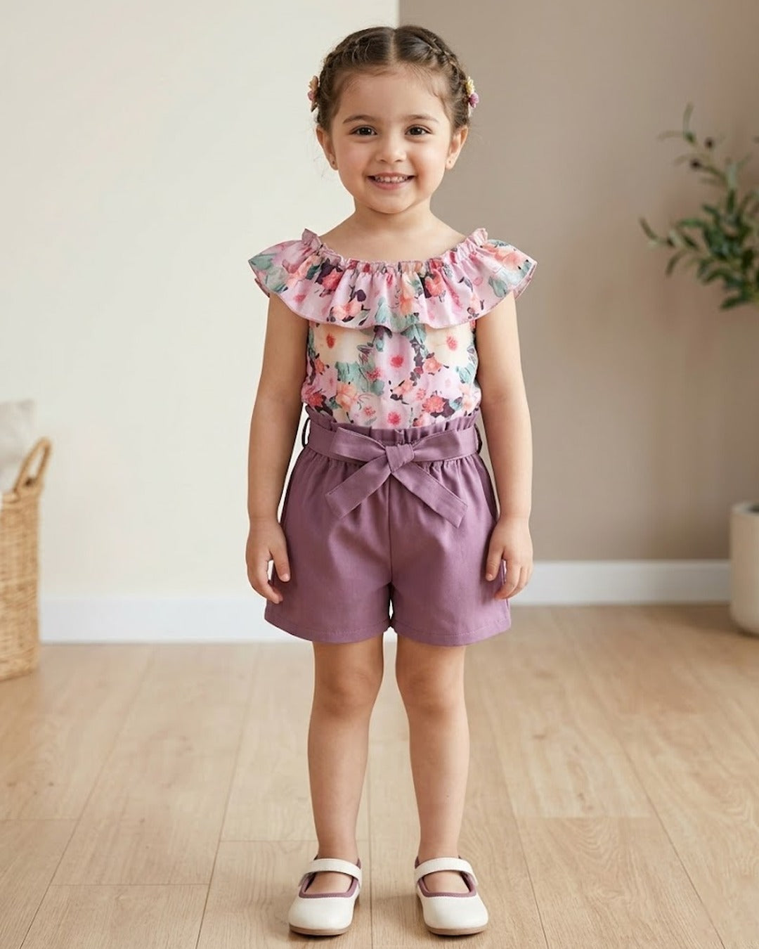 FLOWERS PRINTED RUFFLE TOP & PURPLE SHORT