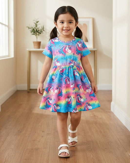 Cute Unicorn Rainbow Print Round Neck Short Sleeve Waist-Cut Dress