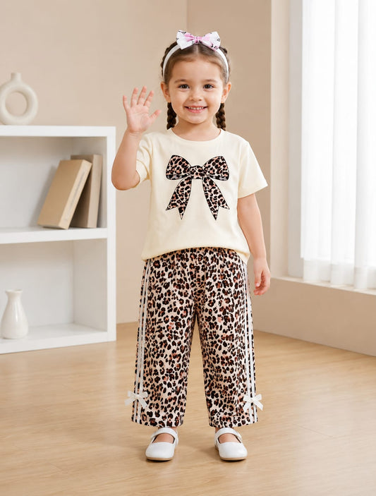 Beige Leopard Bow Girls Co-Ord Set