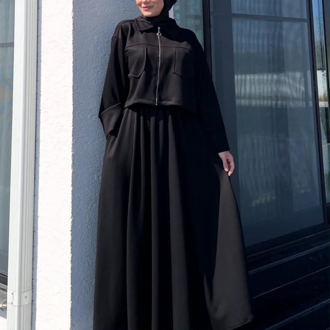 2 Pcs Long Maxi Winter Outfit With Upper Fleece Jacket