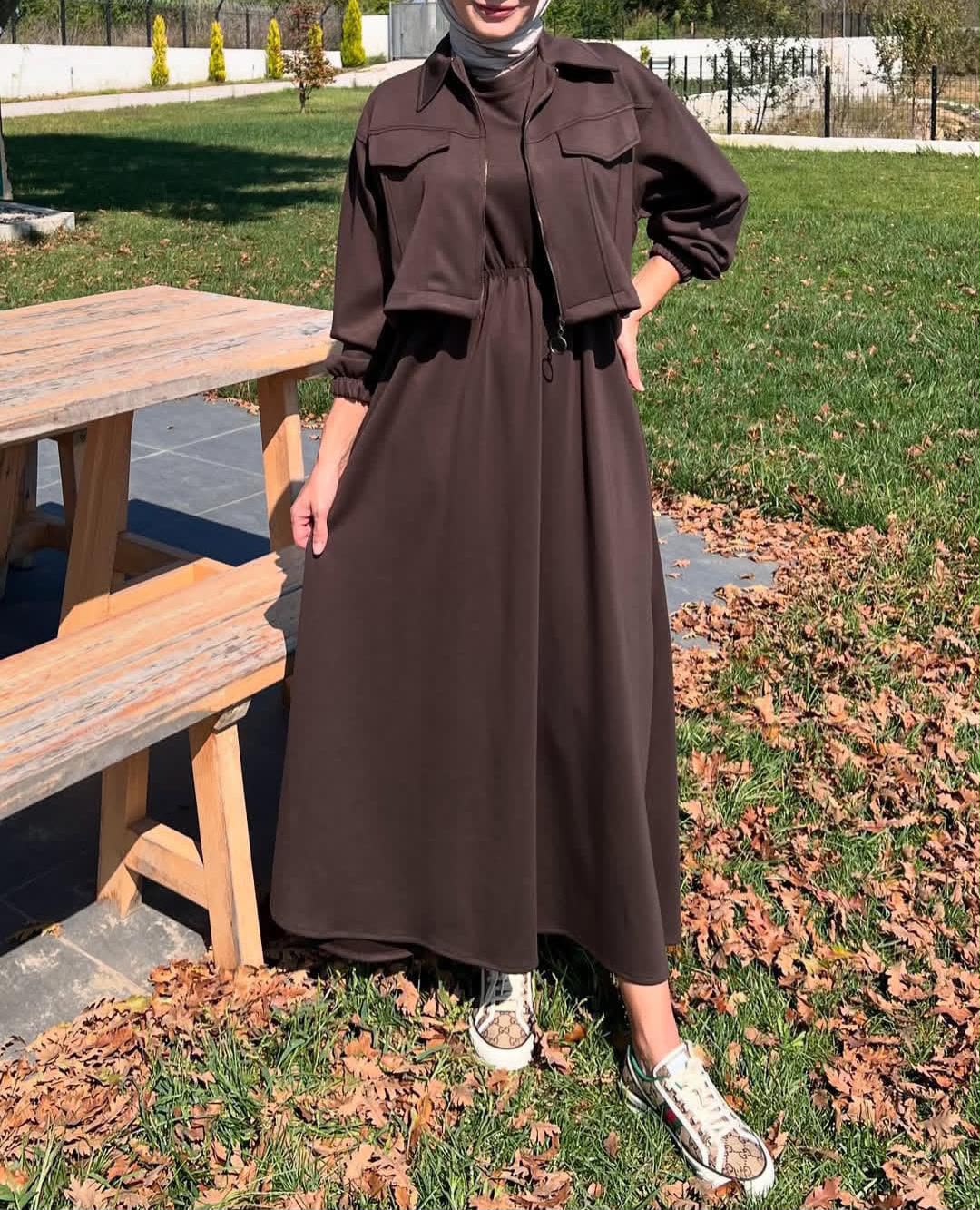 2 Pcs Long Maxi Winter Outfit With Upper Fleece Jacket
