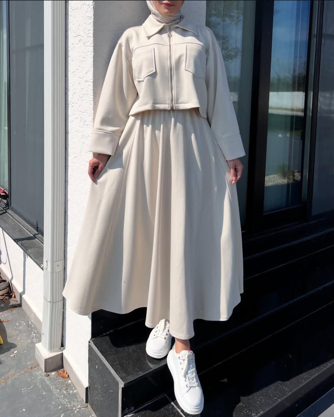 2 Pcs Long Maxi Winter Outfit With Upper Fleece Jacket