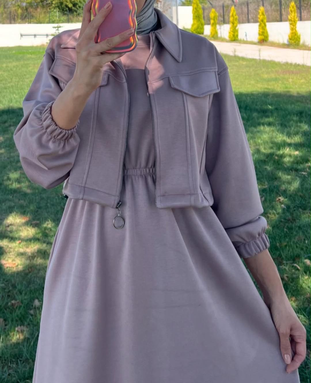 2 Pcs Long Maxi Winter Outfit With Upper Fleece Jacket