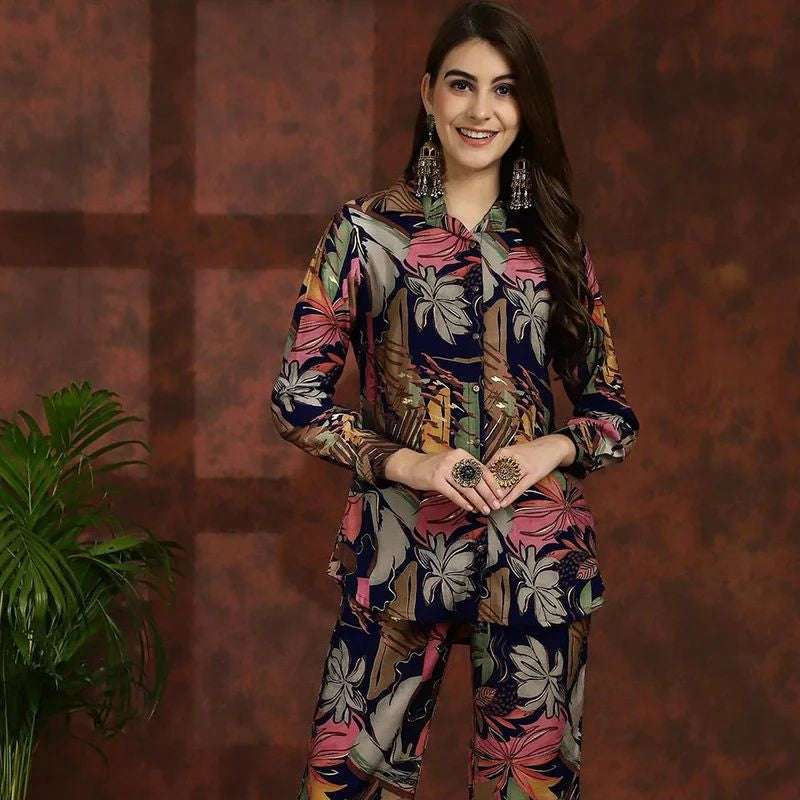 Floral Printed Shirt Collar Tunic with Trousers Co-Ord Set