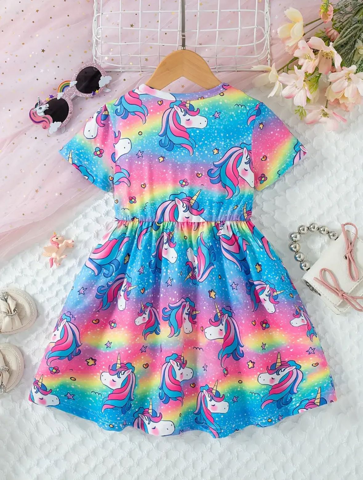 Cute Unicorn Rainbow Print Round Neck Short Sleeve Waist-Cut Dress