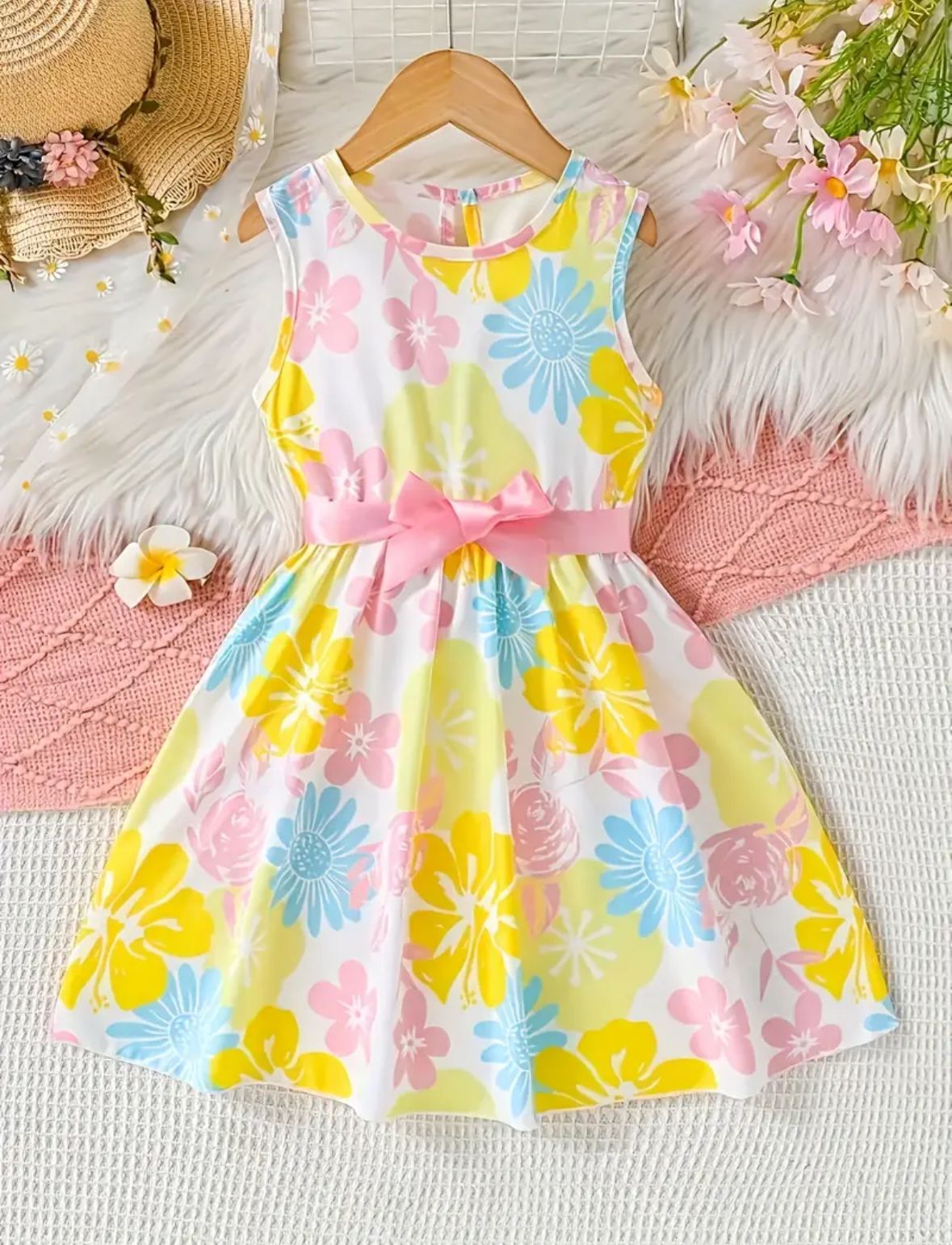 Vibrant Floral Sleeveless dress with belt for girls