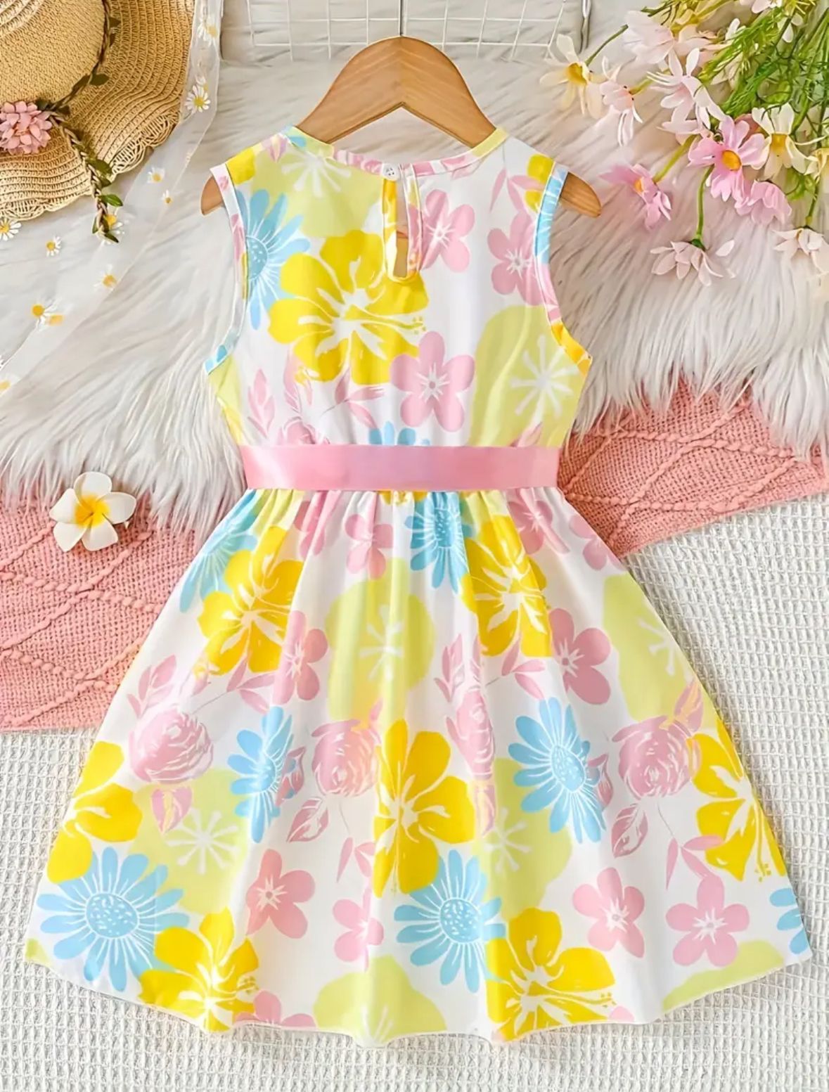 Vibrant Floral Sleeveless dress with belt for girls