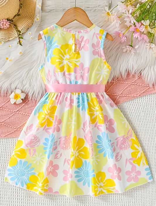 Vibrant Floral Sleeveless dress with belt for girls