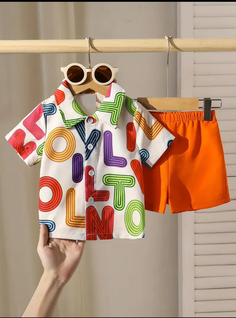 2pcs Baby Boys Letter Print Polo Collar Shirt & Elastic Waist Orange Shorts Set