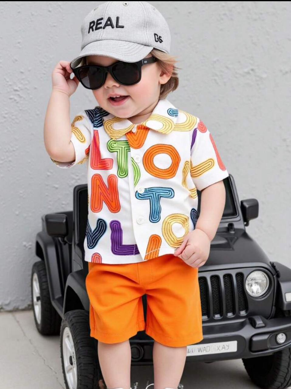 2pcs Baby Boys Letter Print Polo Collar Shirt & Elastic Waist Orange Shorts Set