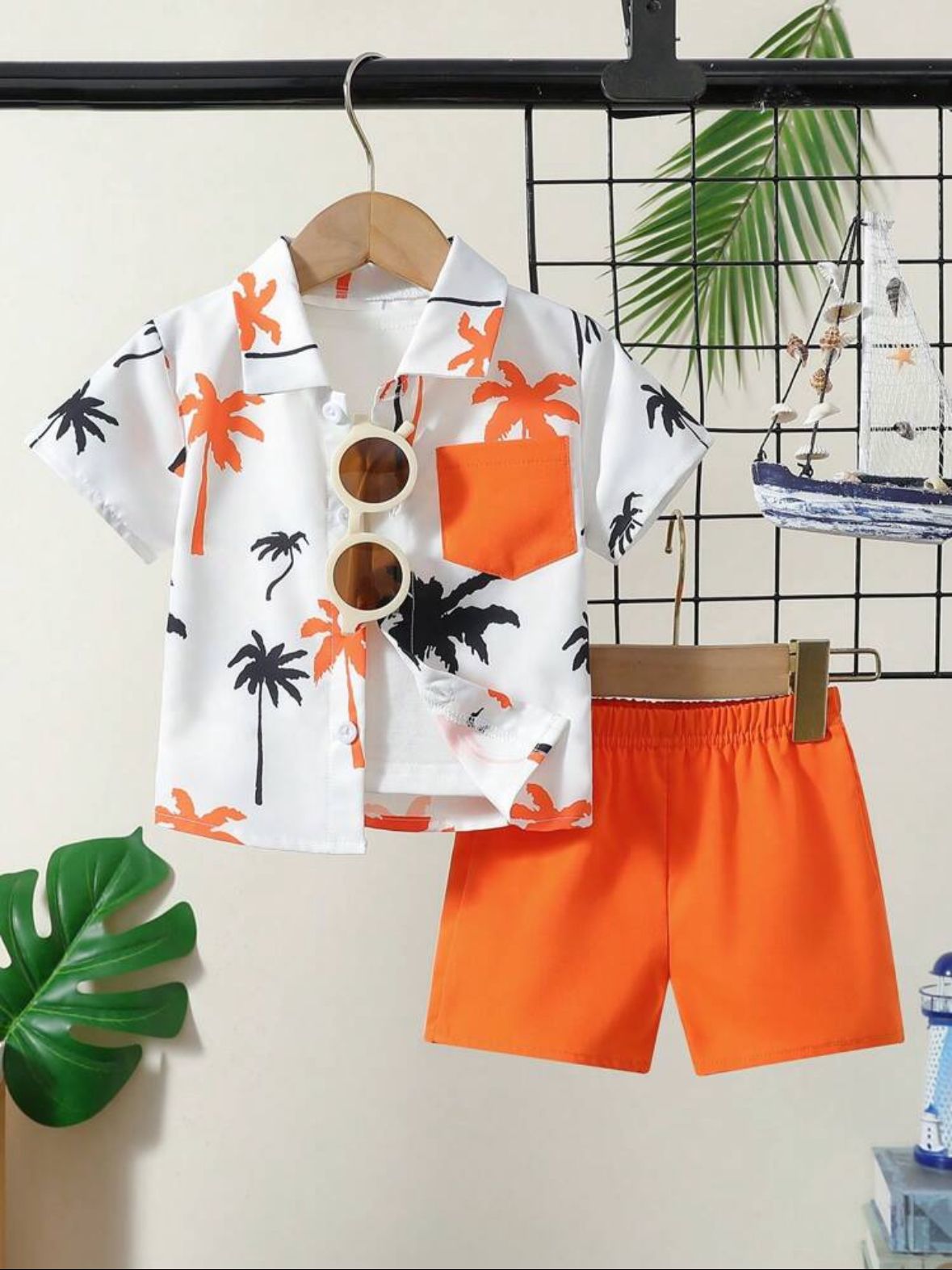 2pcs Baby Boys Tree Print Polo Collar Shirt & Elastic Waist Orange Shorts Set
