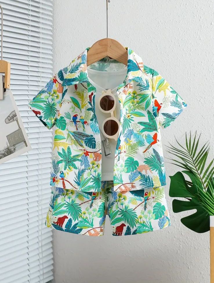 2pcs Tropical Leaf & Animal Print Shirt & Short Set