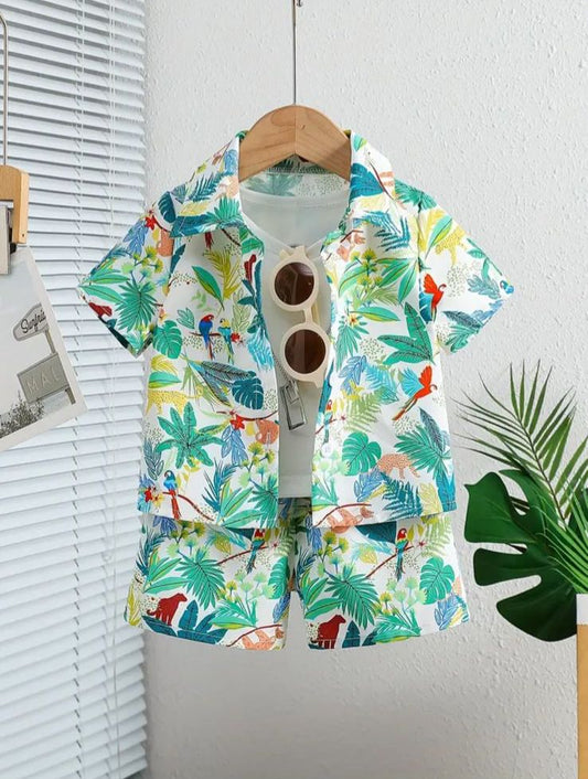 2pcs Tropical Leaf & Animal Print Shirt & Short Set