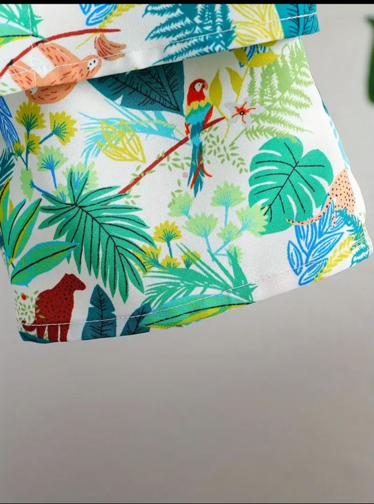 2pcs Tropical Leaf & Animal Print Shirt & Short Set