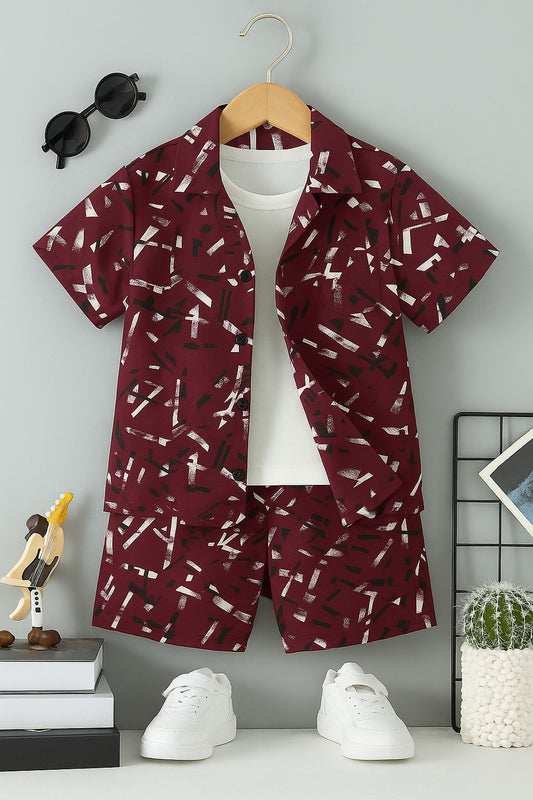 Trendy Maroon Printed Shirt & Shorts Set for Boys