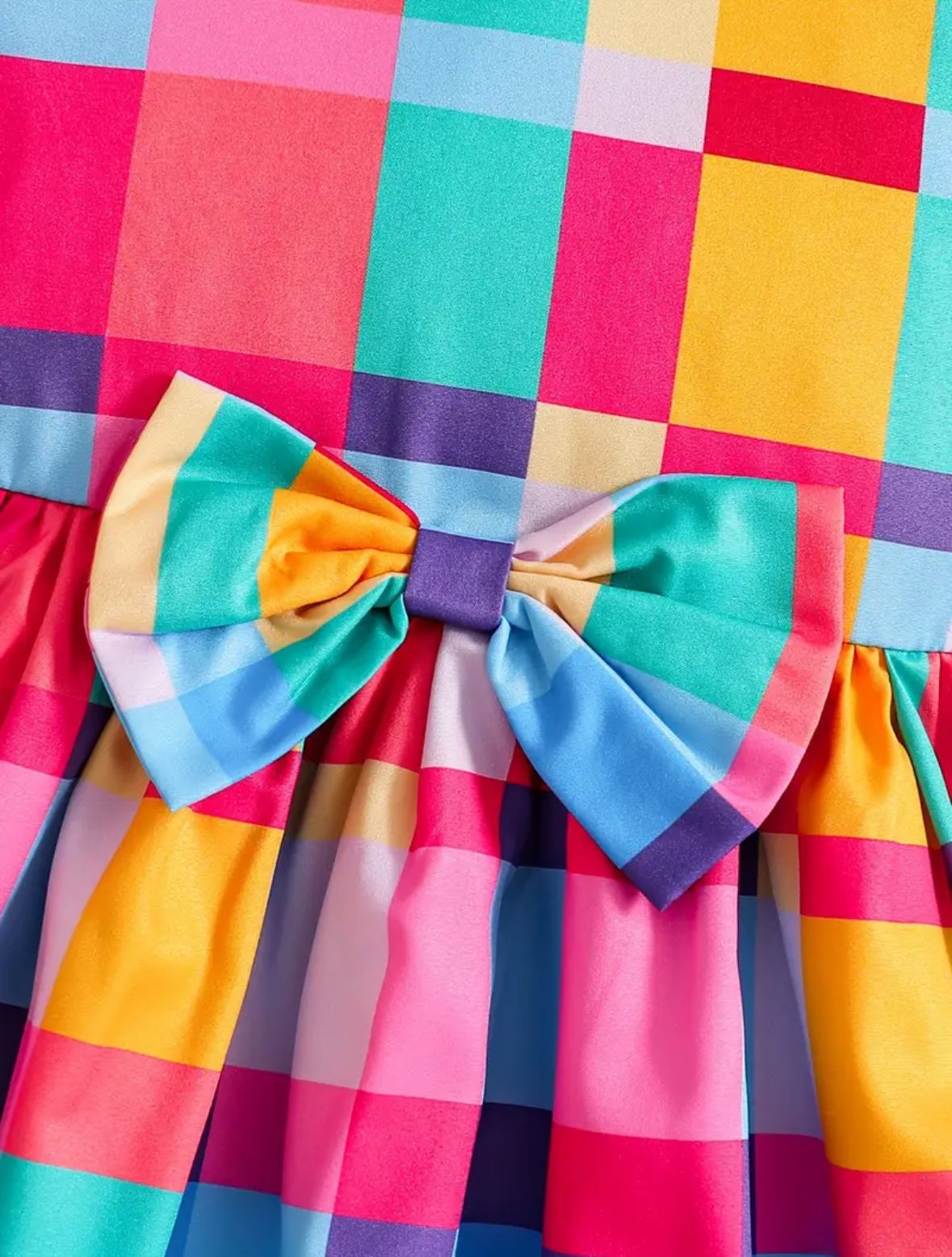 Girls' Elegant Colorful Plaid Print Dress - Short Sleeve Summer Dress with Ruffled Collar & Cuffs