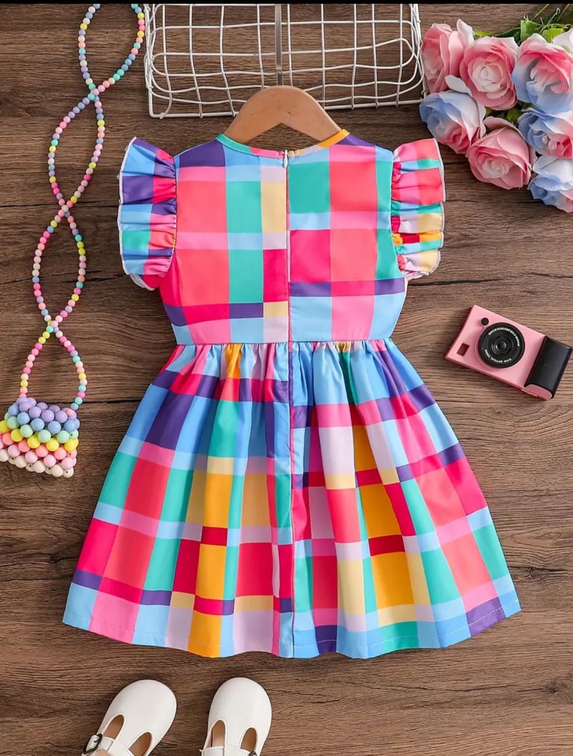 Girls' Elegant Colorful Plaid Print Dress - Short Sleeve Summer Dress with Ruffled Collar & Cuffs