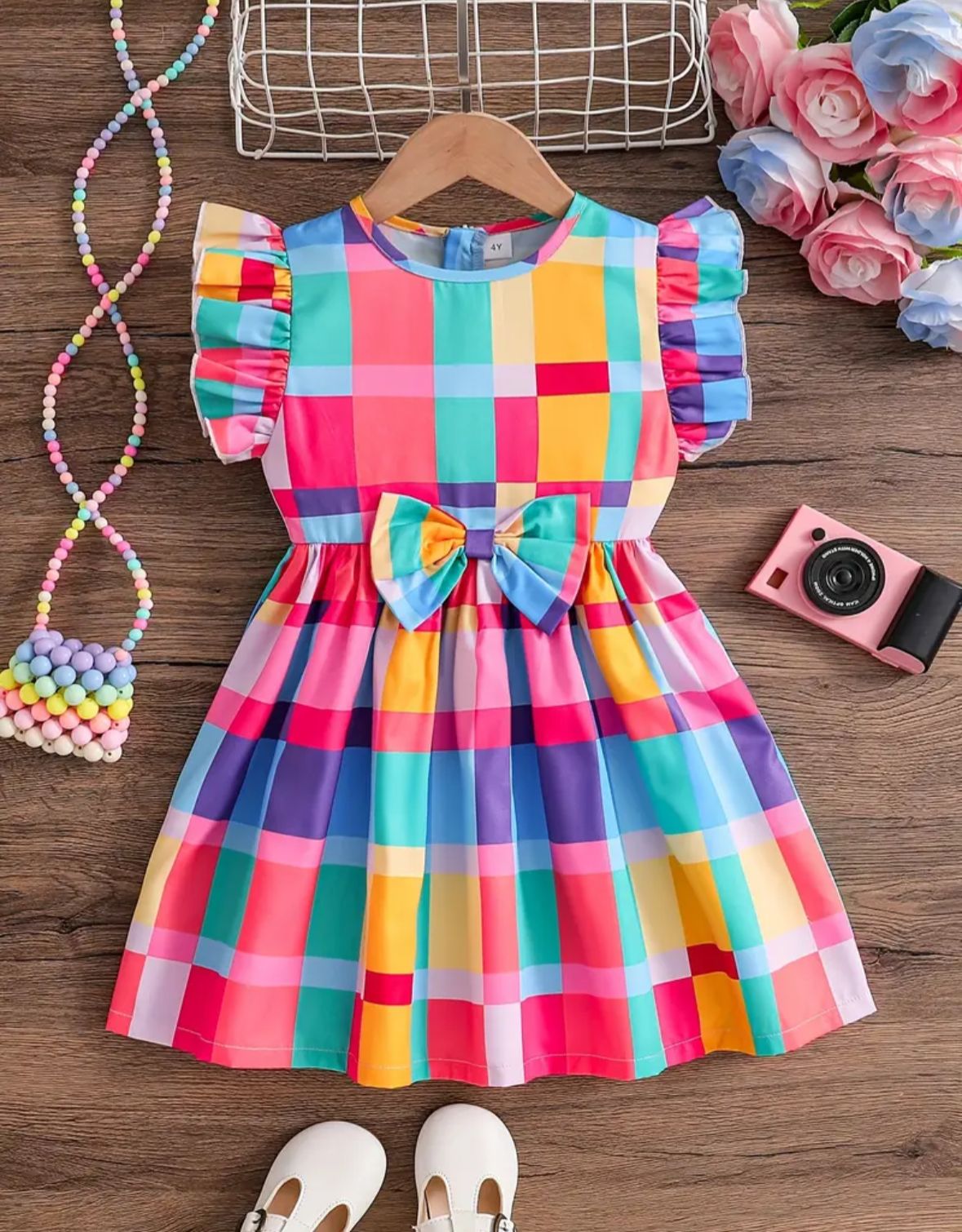 Girls' Elegant Colorful Plaid Print Dress - Short Sleeve Summer Dress with Ruffled Collar & Cuffs