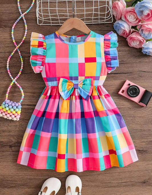 Girls' Elegant Colorful Plaid Print Dress - Short Sleeve Summer Dress with Ruffled Collar & Cuffs