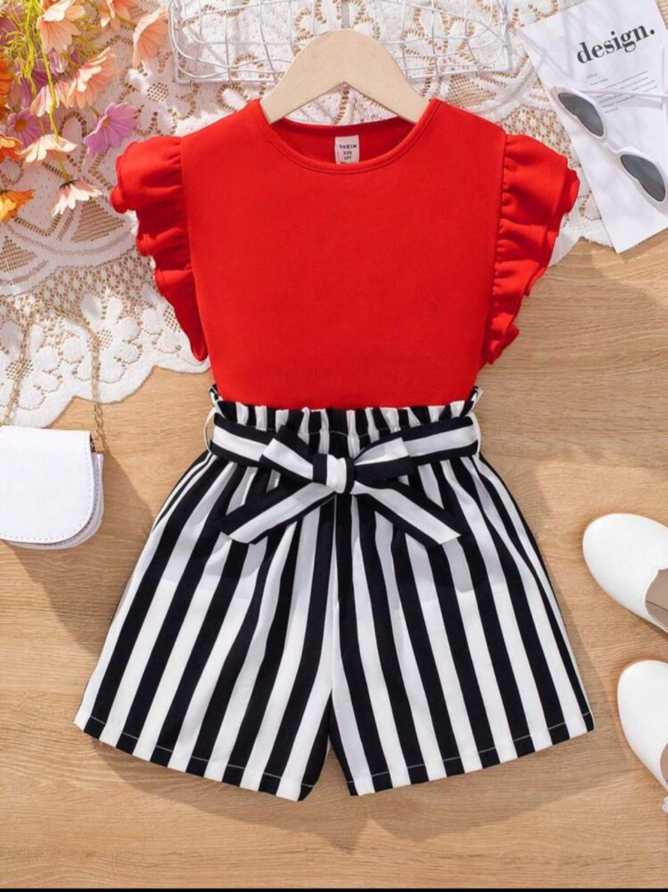 2 pcs Baby girl red top with black lining short