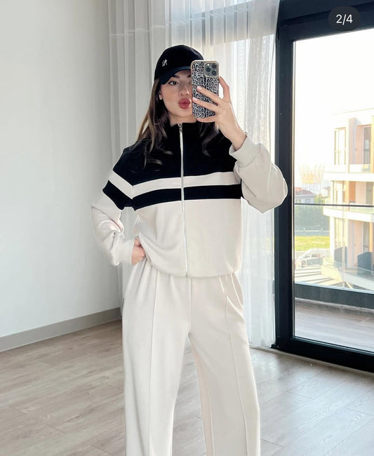 Retro Style Zip-Up Track Jacket & Wide Leg Pants Set
