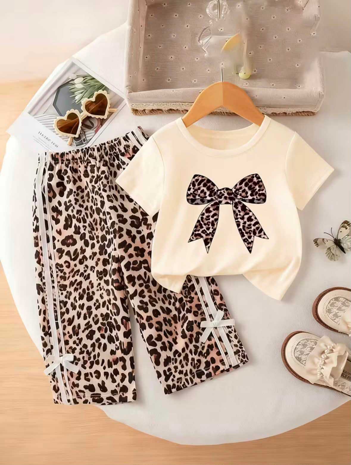 Beige Leopard Bow Girls Co-Ord Set