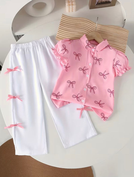 2pcs Set for Girls Bow Print Puff Sleeve Lapel Shirt + Side Bow Solid White Wide-Leg Pants