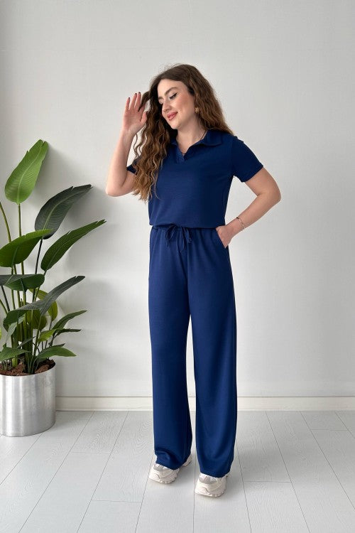 Summer Casual Women's Polo Collar Top & Trouser Set