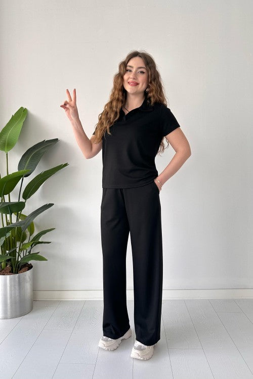 Summer Casual Women's Polo Collar Top & Trouser Set