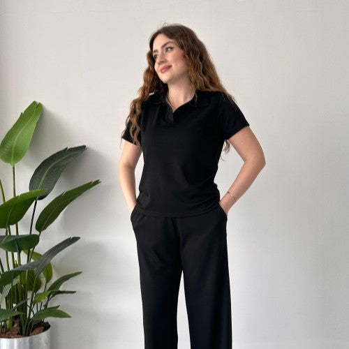 Summer Casual Women's Polo Collar Top & Trouser Set